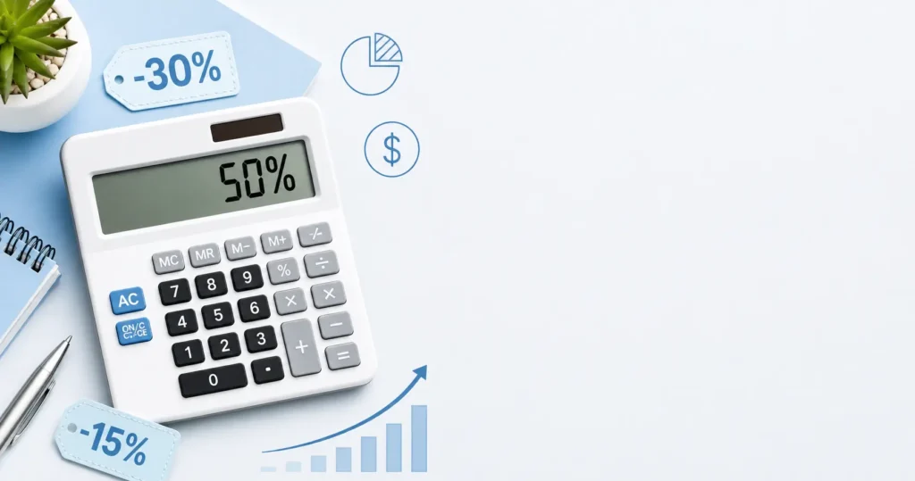 Calculator showing percentage calculations with discount tags and financial elements representing how to calculate percentages in 2026