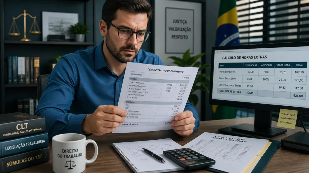 A man in an office reviews a Brazilian payslip (“demonstrativo de pagamento”) while calculating overtime hours, with a computer screen showing “cálculo de horas extras,” books on labor law (CLT), a calculator, and a Brazilian flag in the background.