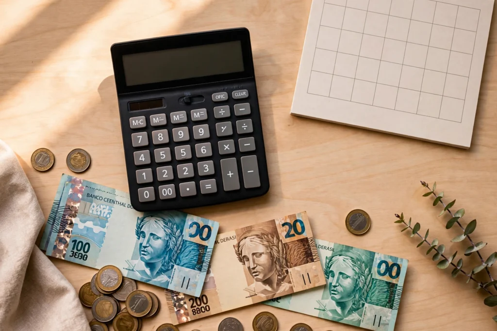 Notas de real e moedas ao lado de calendário de dezembro, ilustrando o cálculo do 13º salário