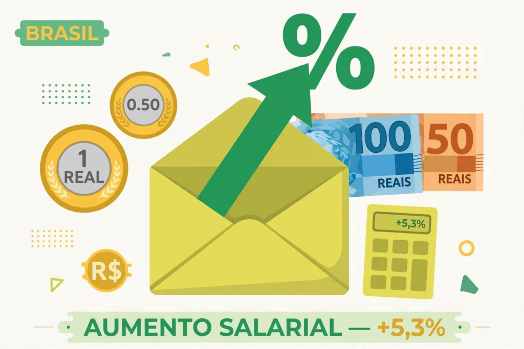 Como calcular aumento salarial em porcentagem – envelope com seta de aumento e notas de reais