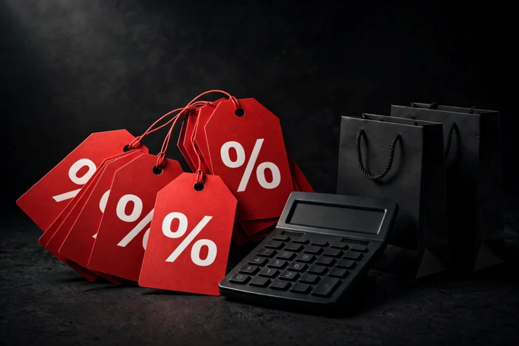 Etiquetas de desconto da Black Friday 2026 com calculadora