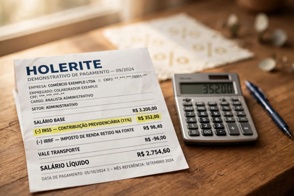 Holerite brasileiro ao lado de uma calculadora, com a linha do desconto do INSS em destaque