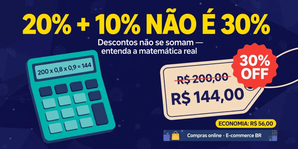 Descontos sucessivos: ilustração com etiqueta de preço e calculadora mostrando 20% + 10%