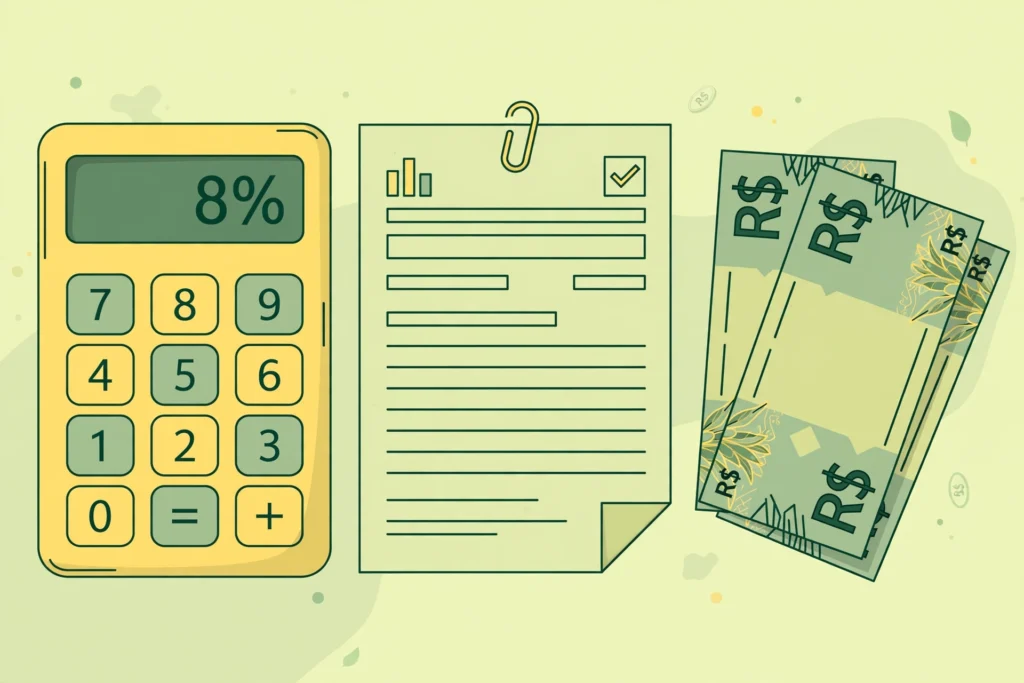 Ilustração de calculadora mostrando 8%, holerite e cédulas de real para o cálculo do FGTS