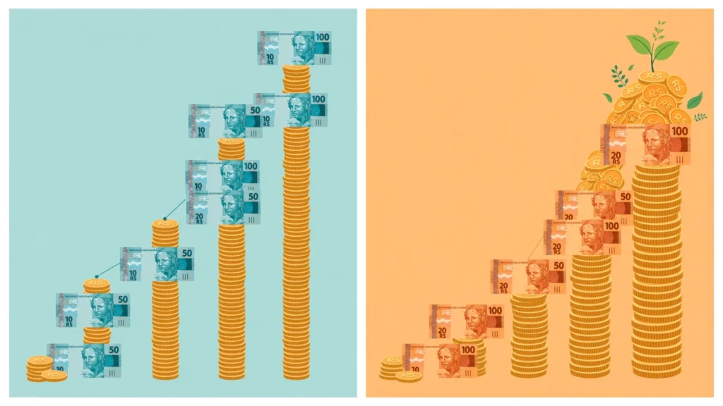 Comparação entre juros simples e juros compostos: crescimento linear em reais versus crescimento acelerado com moedas