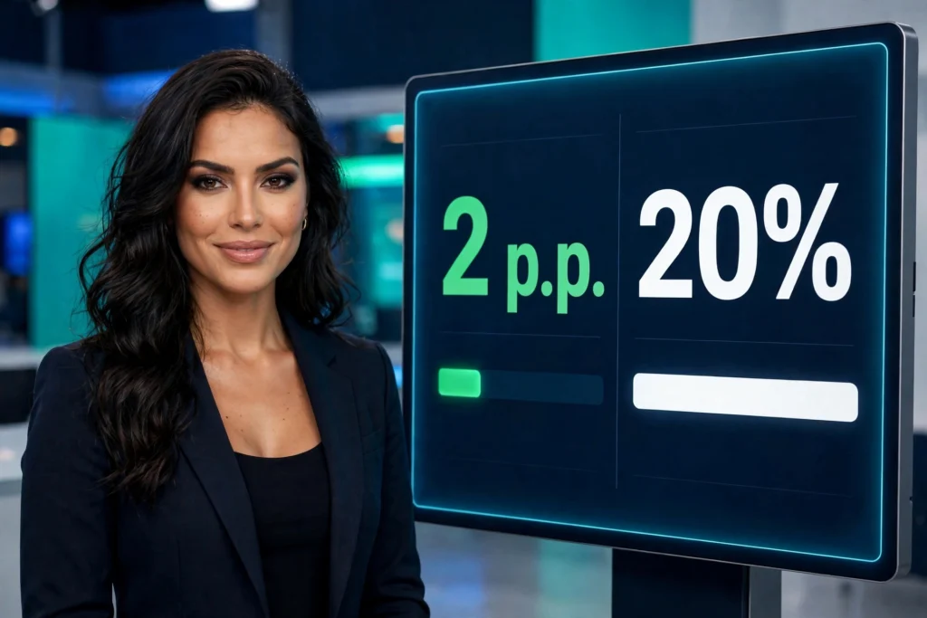 Professora apontando para gráfico comparando 2 pontos percentuais e 20 por cento