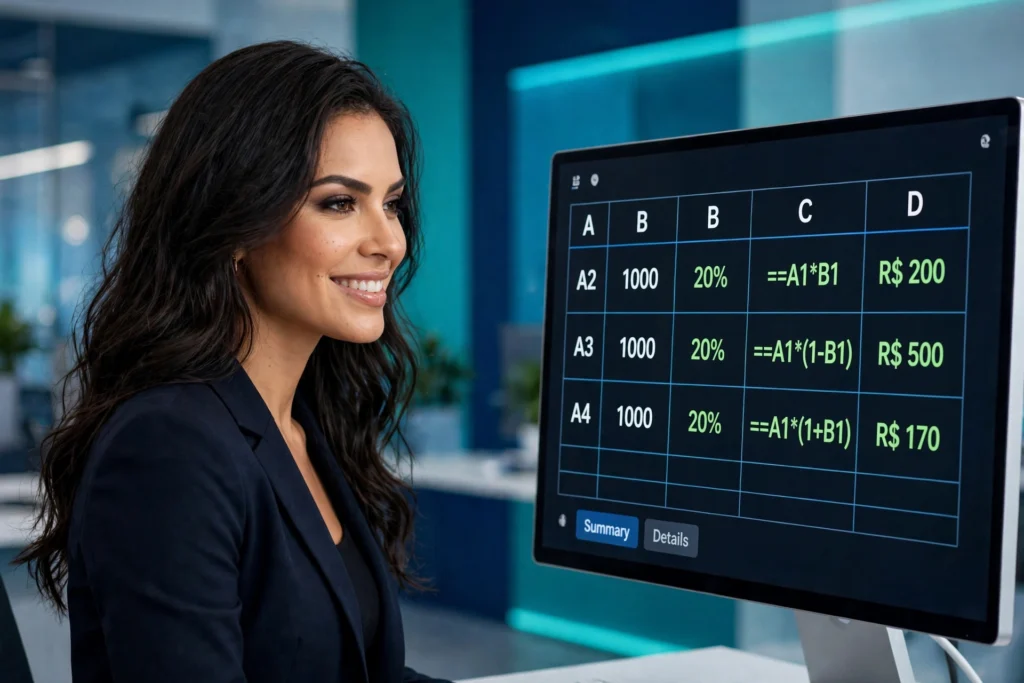 Professora apontando para planilha com fórmulas de porcentagem no Excel e Google Sheets