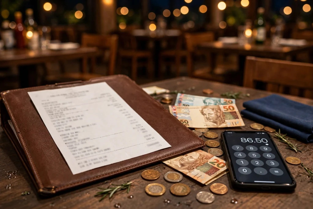 Conta de restaurante com notas de real e calculadora, exemplo de como calcular gorjeta de 10%